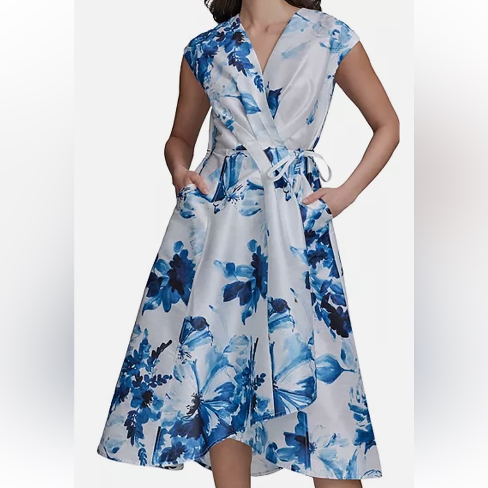 Donna Karan NY Elegant Blue Floral Wrap Midi Dress - Women